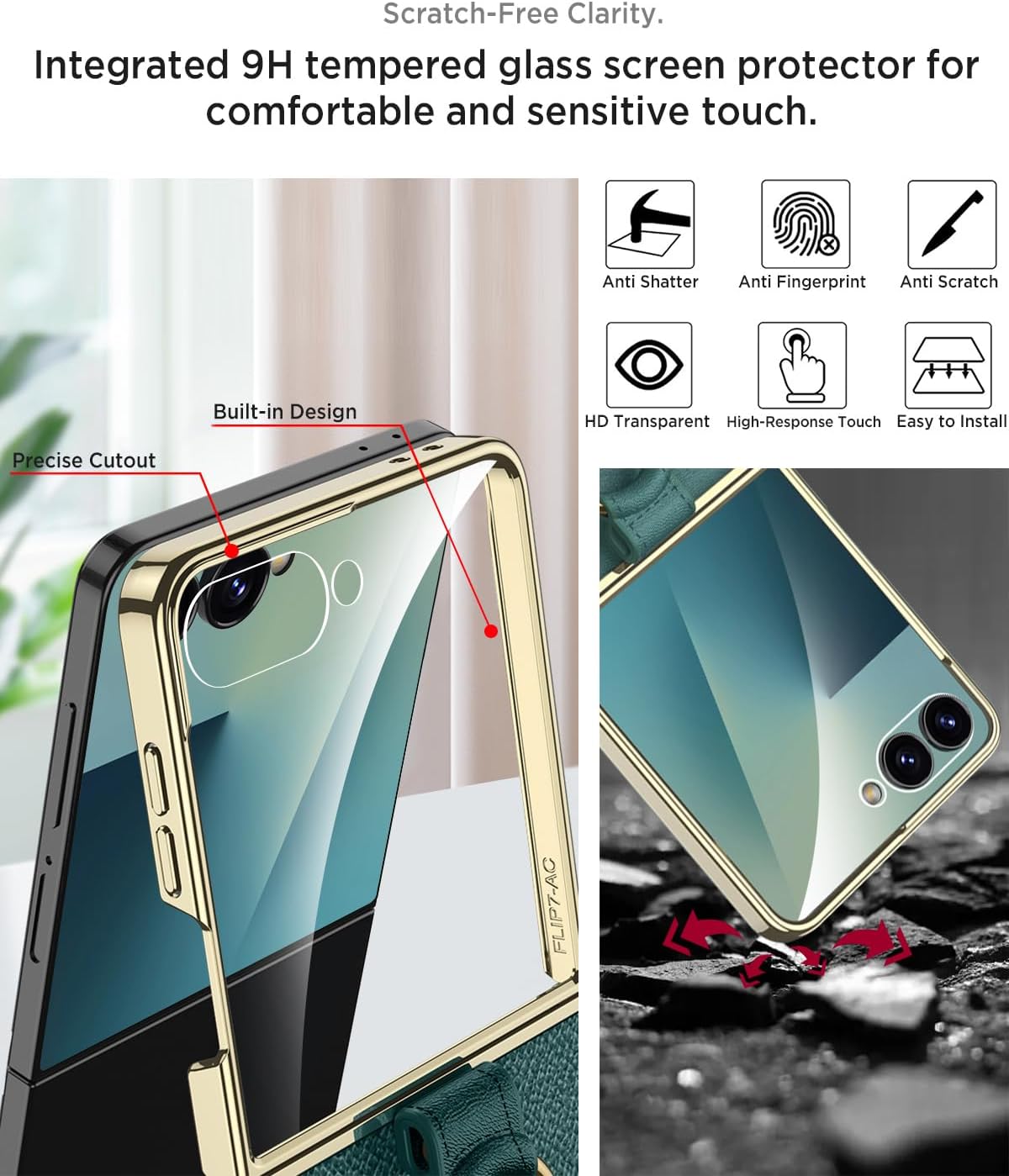 Miimall Crossbody for Samsung Galaxy Z Flip 7 Phone Case with Ring,[Screen Protector][with Stand][Military Grade Shockproof] Hard Full Body Rugged Leather Case for Samsung Flip 7 with Ring,Green