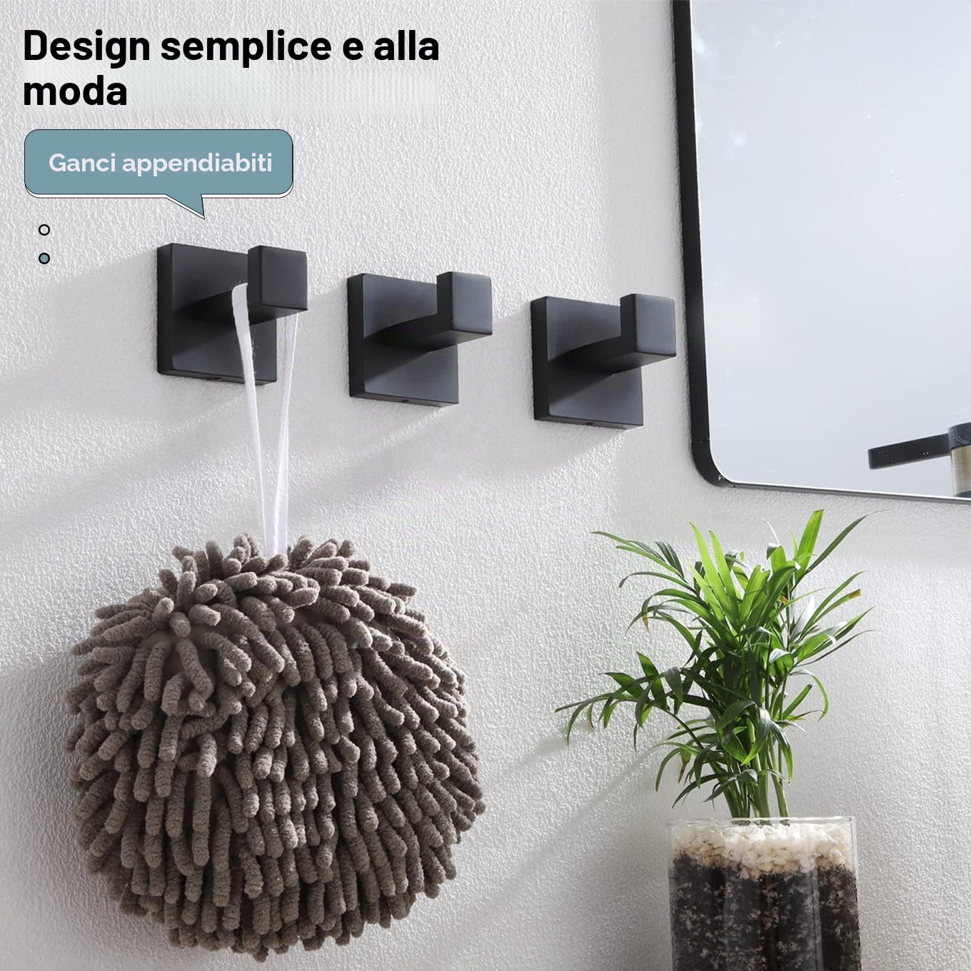 KOKOSIRI Gancio per asciugamano da bagno, da parete, quadrato, per accappatoio, bagno, cucina, garage, resistente, in acciaio inox SUS 304, confezione da 3 pezzi, nero opaco, B1010BK-P3