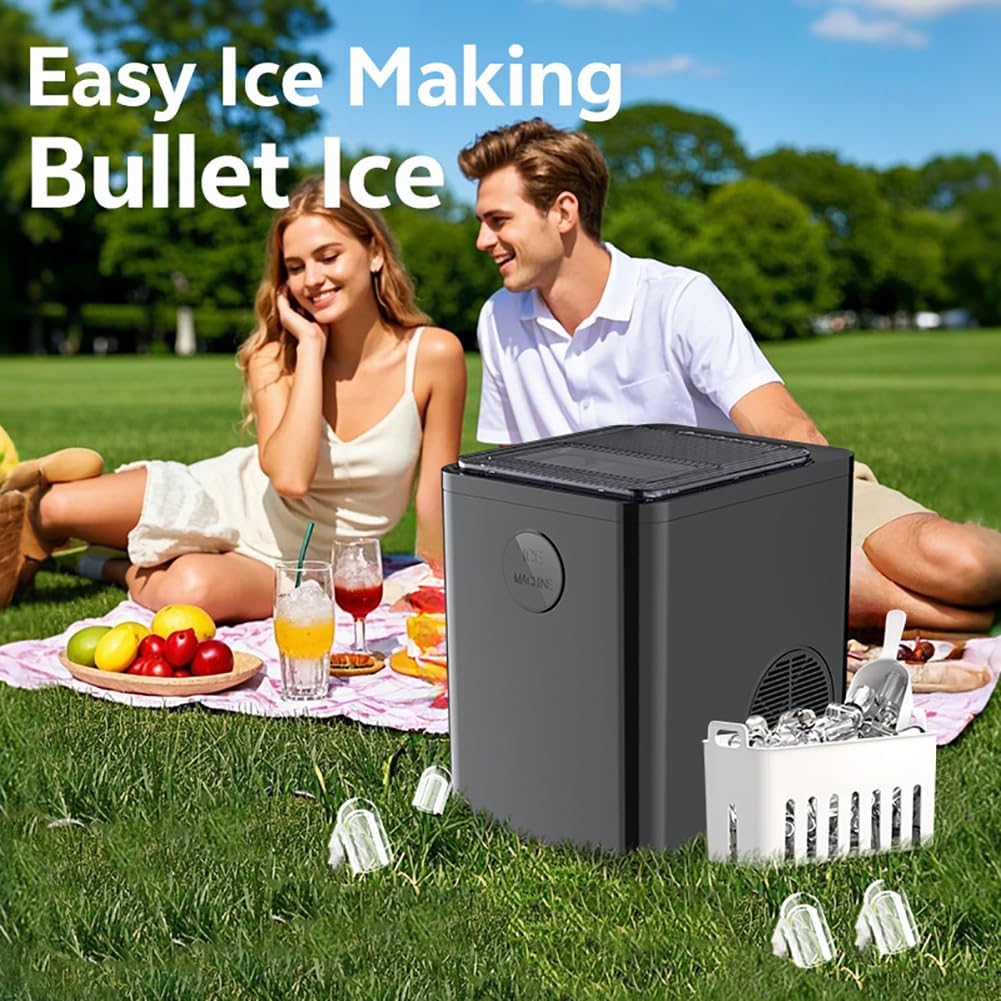 Fabricante de hielo Nugget, máquina de hielo de encimera de 9 pcs/6 minutos con canasta y pala, auto limpieza, cubo de hielo de 2 tamaño, para bar de casa, encimera de cocina, vehículos recreat black
