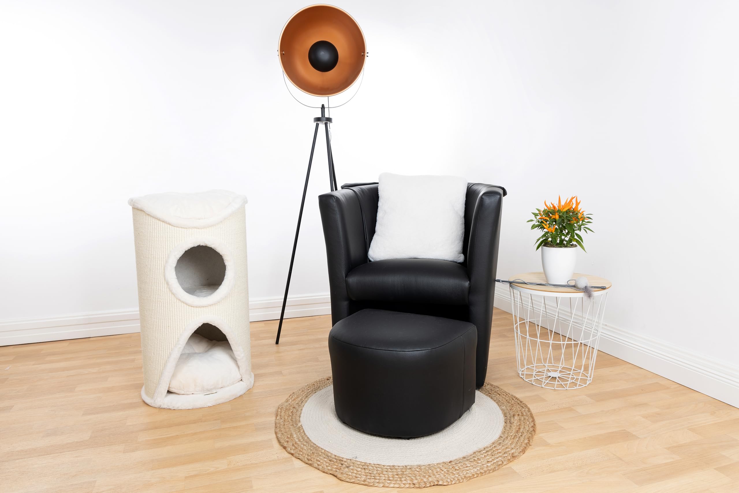 Bontoy Katzenturm Mukki Creme I mit 2 Höhlen I große Liegefläche I 75 cm höhe I Stabiler Stand I mit Sisalmatte umwickelt I Kissen herausnehmbar