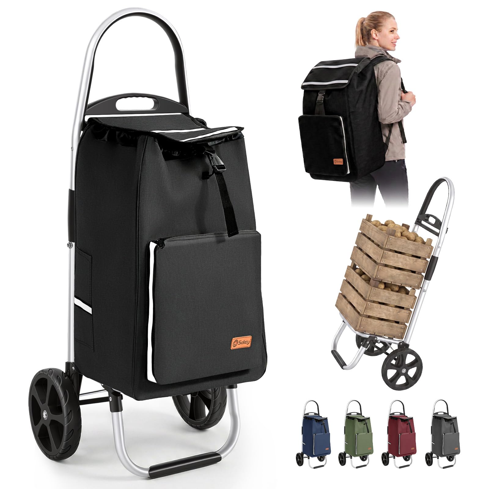 Sekey Einkaufstrolley klappbar, 3-in-1 Einkaufswagen (Trolley, Sackkarre & Rucksack), mit leichtem Aluminiumrahmen, vielseitig für Einkauf, Alltag & Reisen, stabil & platzsparend