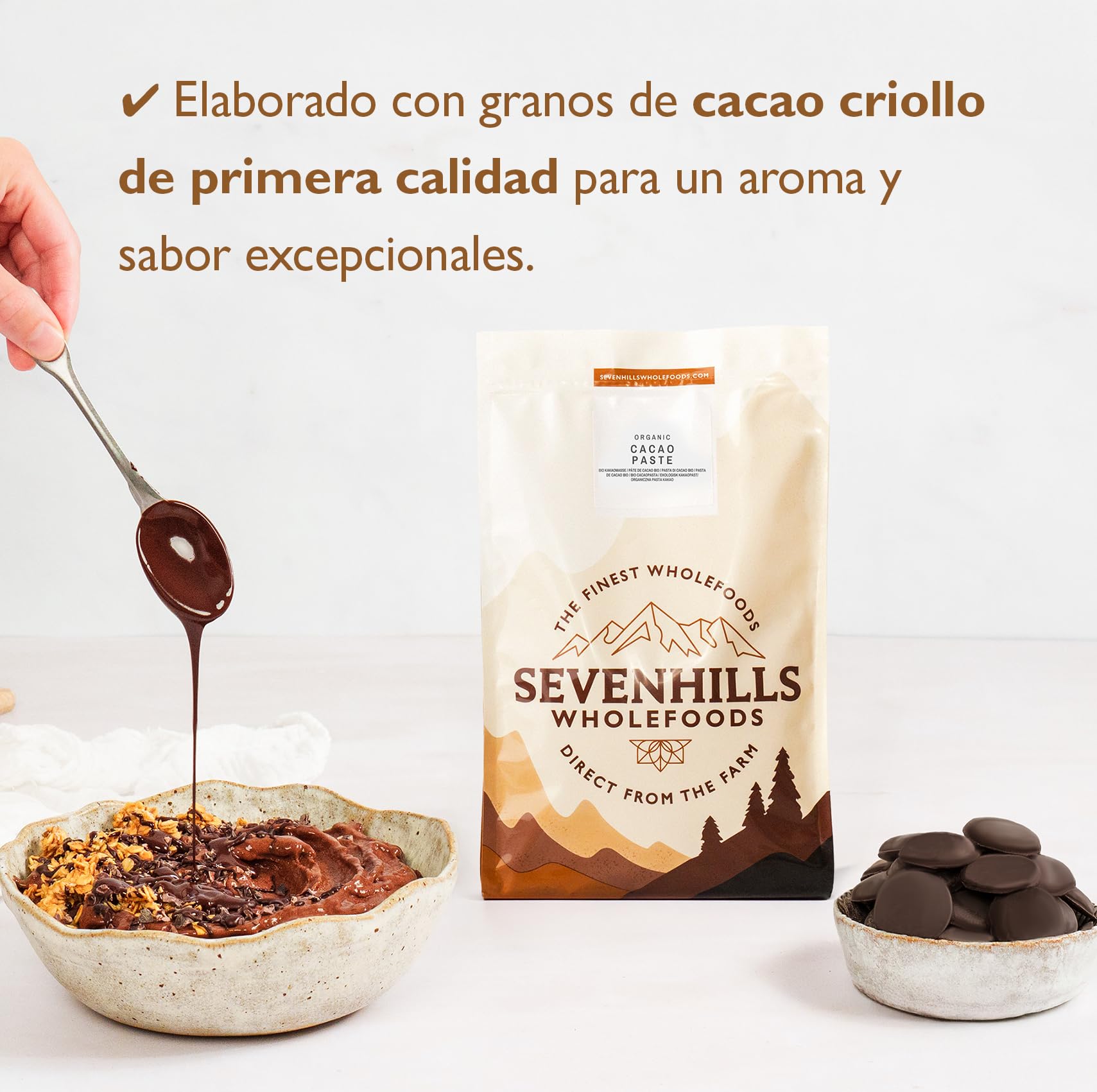 Sevenhills Wholefoods Pasta De Cacao (Licor, Masa) Orgánico, Obleas, 500g | obleas/discos de 1 kg para chocolate caliente y repostería, sin azúcar, en forma de botones o gotas