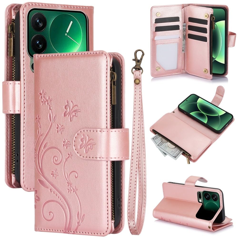 Étui compatible avec Xiaomi 14 5G or rose motif papillon en cuir chic - 8