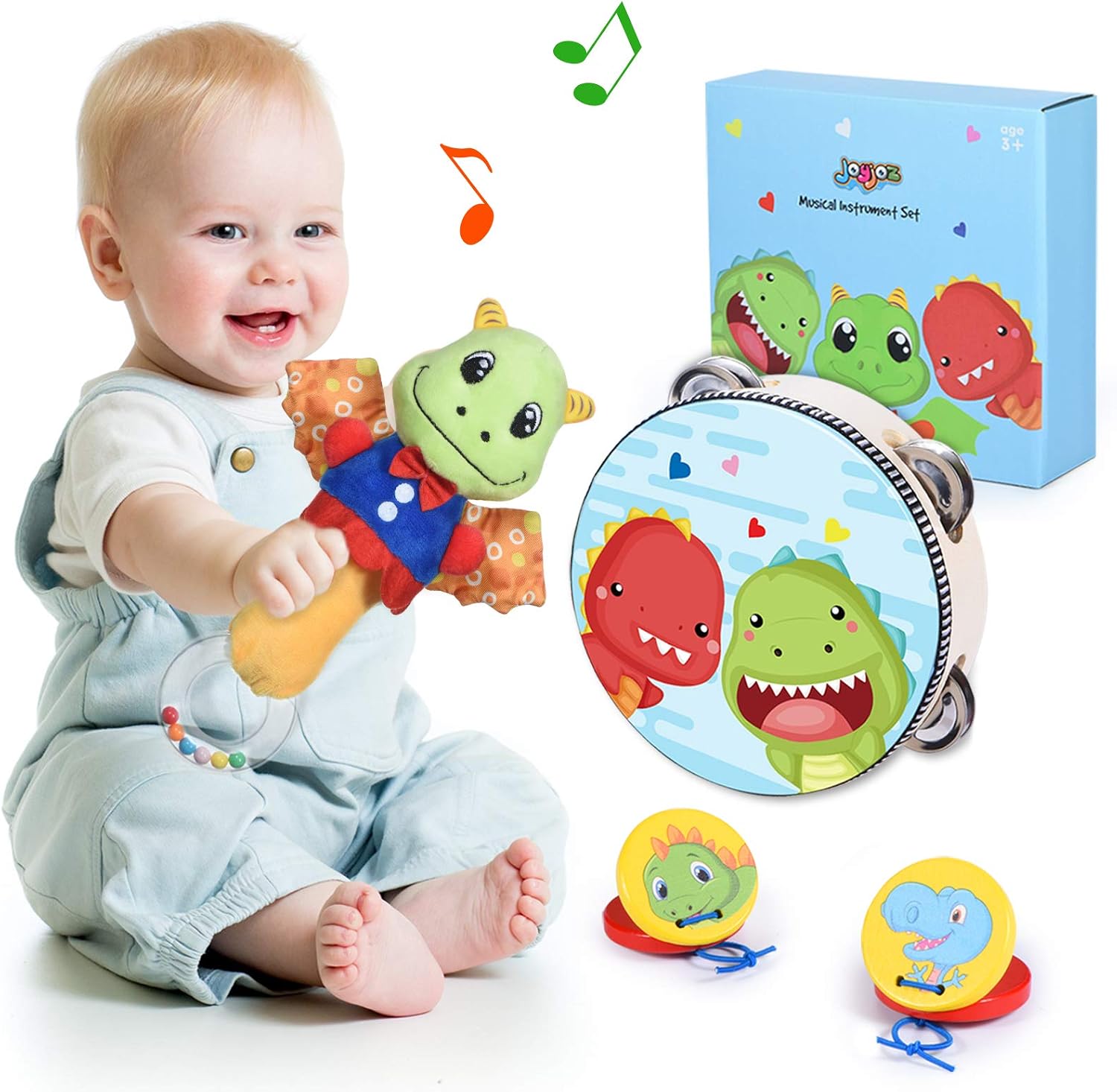 Joyjoz Musical Toys for Toddlers, Kids Musical Instruments, Baby Rattle Set with Wooden Tambourine, 2 Castanets, Early Educational Toy Gift for Boy Girl (4 Pcs)