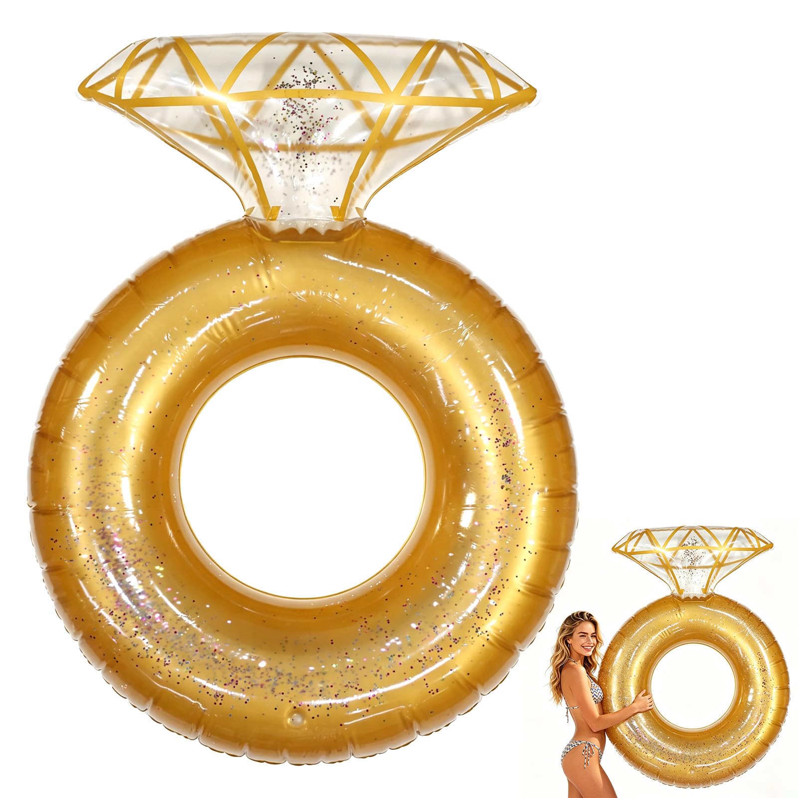 Diamond Pool Float, Glitter Diamond Ring Inflatable Swimming Pool Float Funny Engagement Party Decoration Supplies Suitable for Party Favor Photo Props (Gold-Colored)