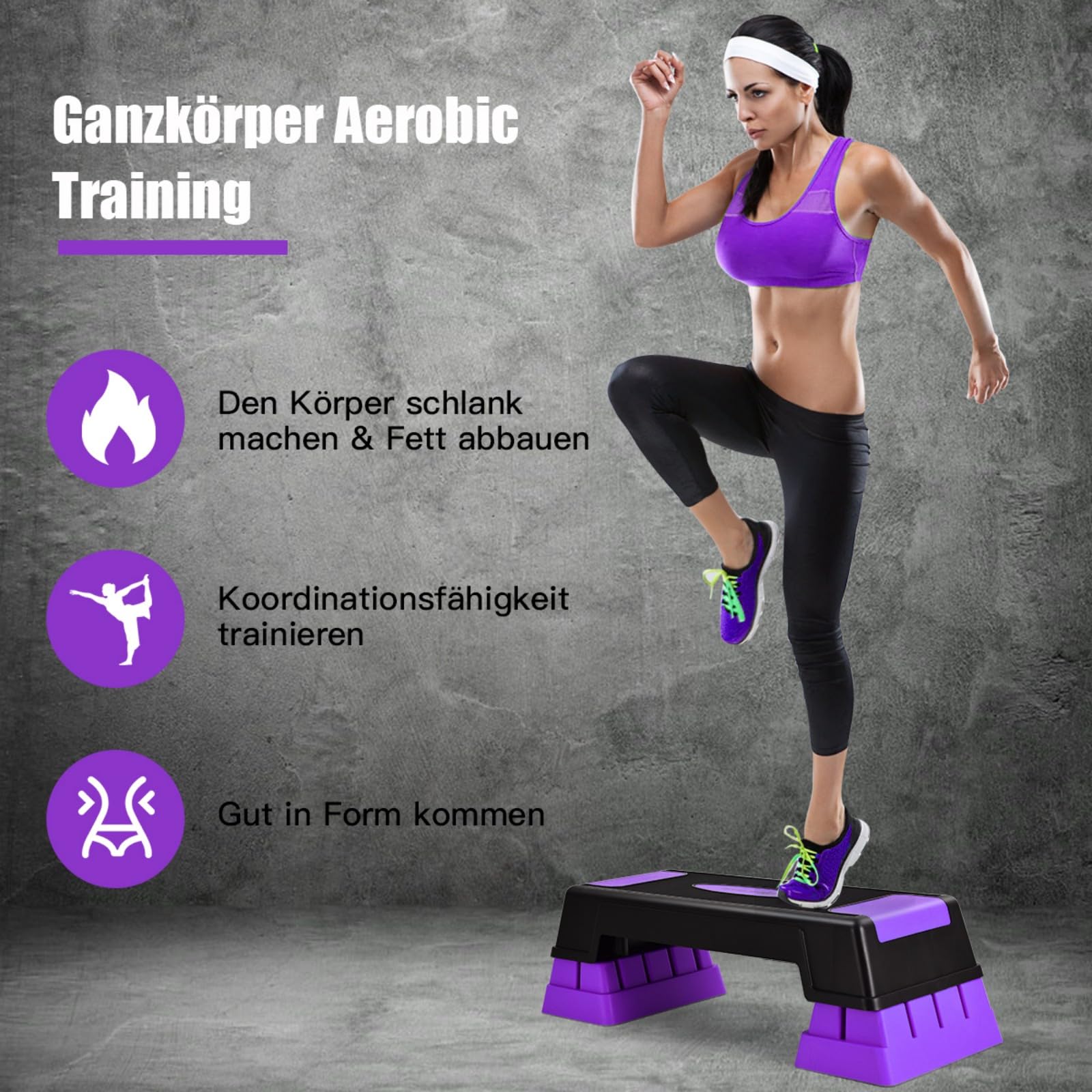 GYMAX Aerobic Stepper höhenverstellbar, Steppbrett mit 3 Stufen 12/17/22cm, Step Bench mit rutschfesten Pads, Trainingsbrett für Zuhause, Büro & Fitnessstudio