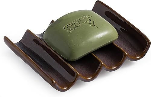 Miniatura 11 de Jabonera de cerámica drenante, diseño estriado, soporte para jabón de barra para ducha y baño, elevación de esponja ahorradora de jabón, color verde