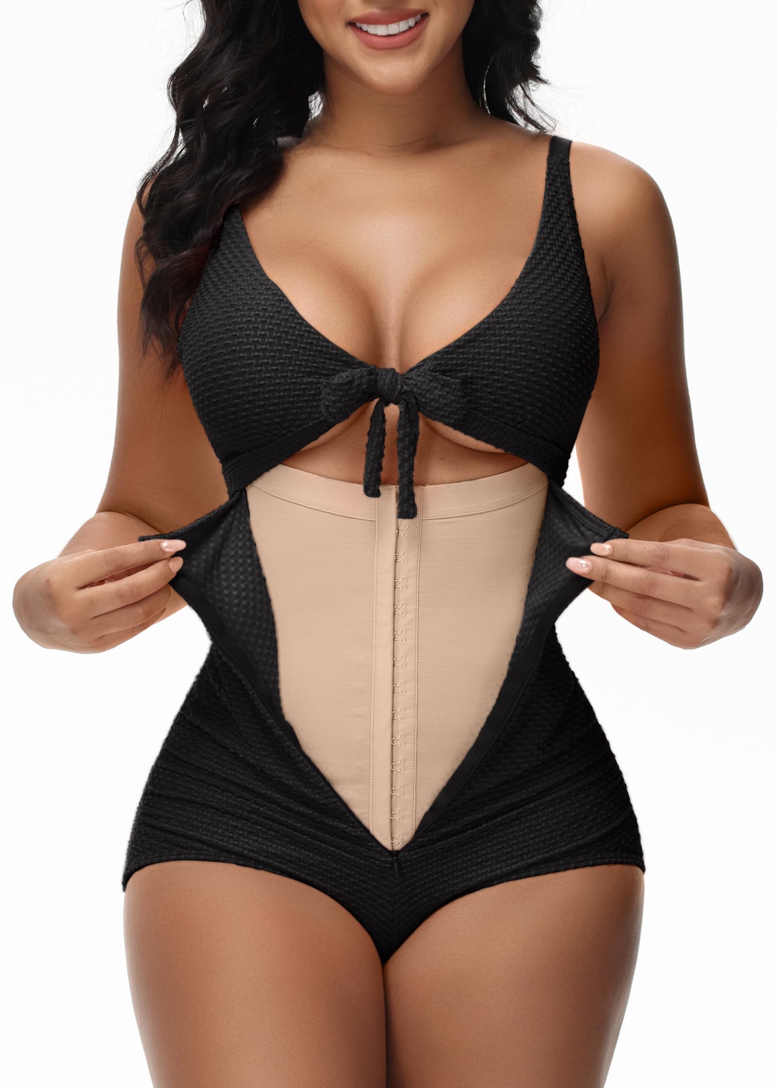Photo 1 of SHAPSHE Black One Piece Swimsuits for Women Tummy Control Swimsuits Slimming Bathing Suits V Neck Swimwear Cutout Tie Knot Front Flattering Swimsuit
