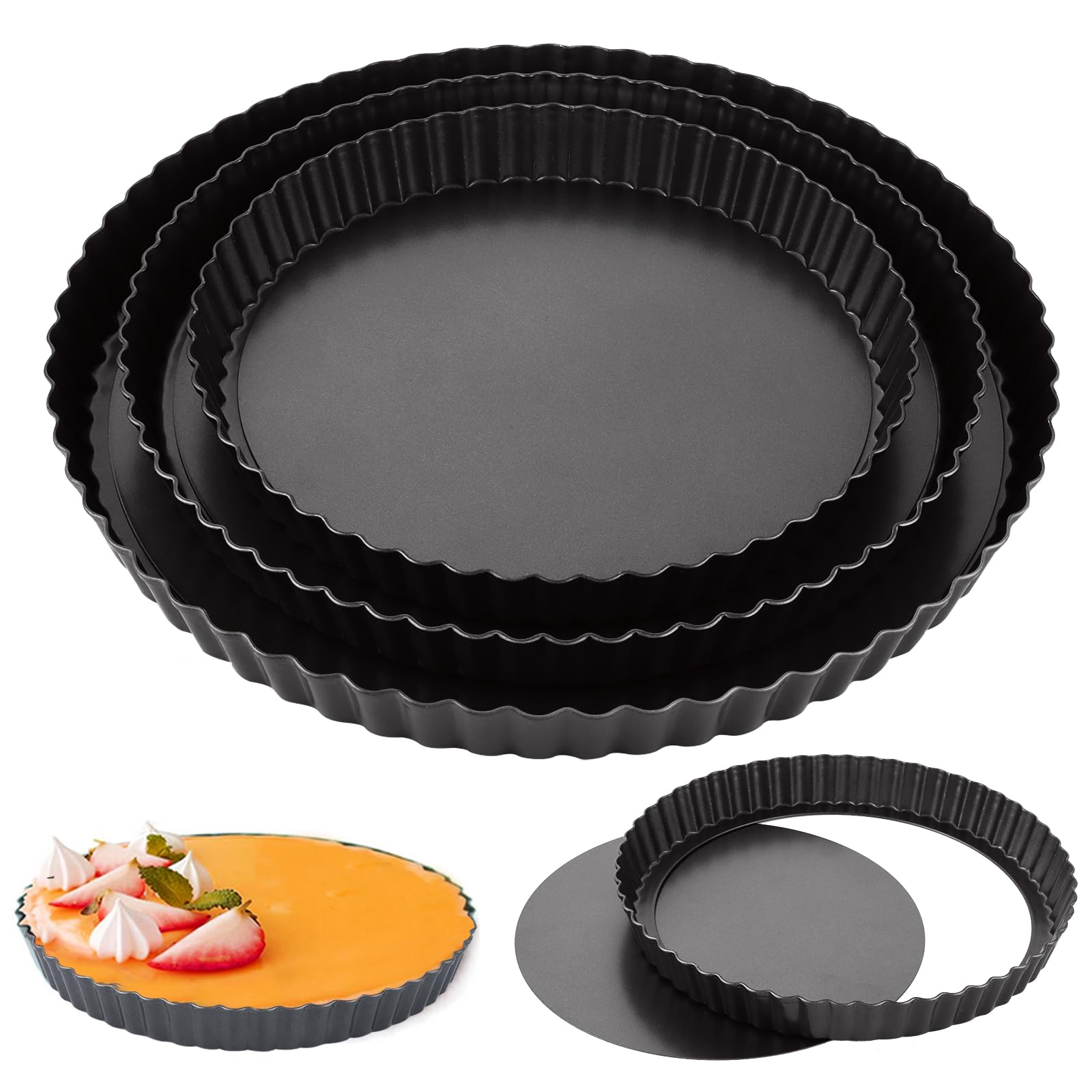 3 Pièces Moule a Tarte avec Fond Amovible, 22/26/30 cm Moule à Tarte Antiadhésif, Moule à Quiche Rond, Plat a Tarte Acier au Carbone Pour la Pâtisserie, le Gateau, la Quiche