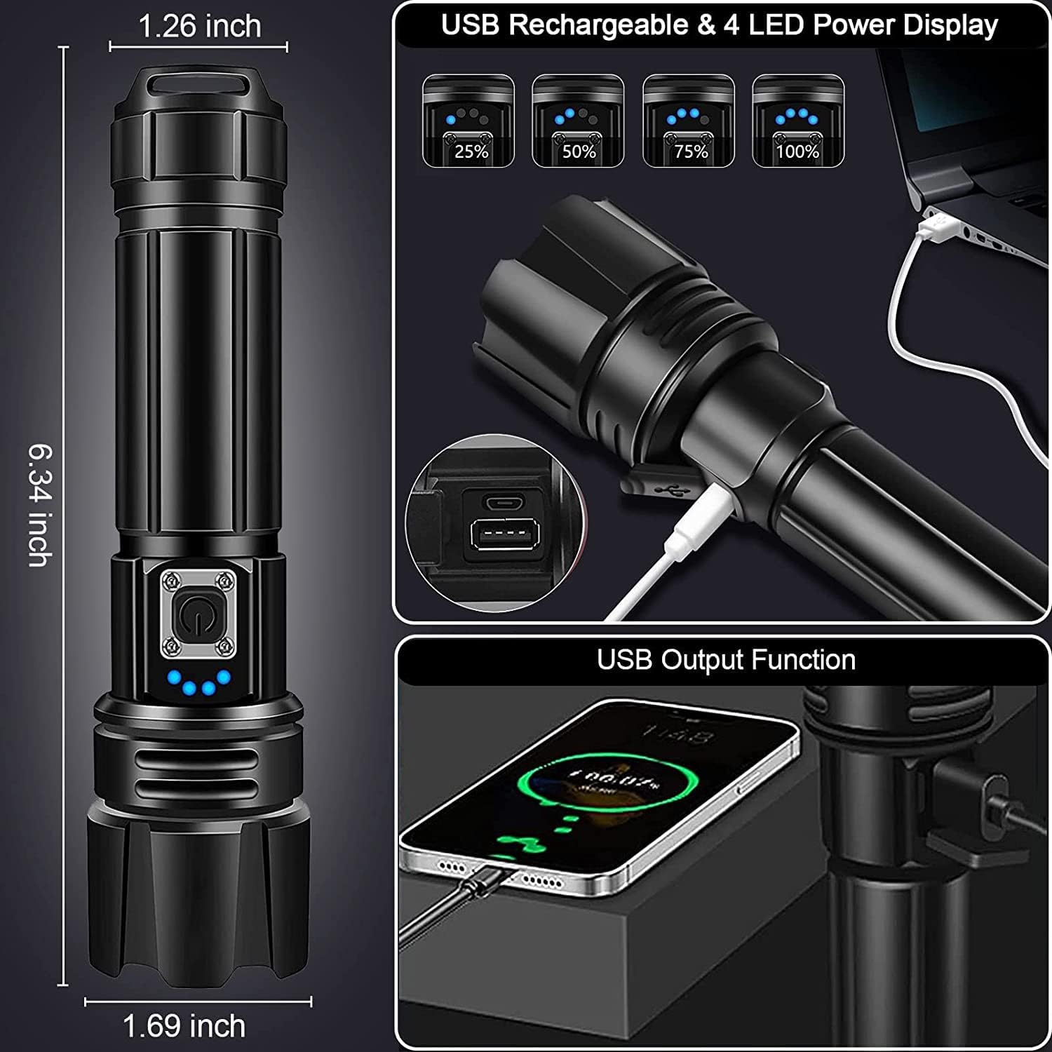 Swanlake Rechargeable Flashlights High Lumens XHP70 Super Bright Tactical Flashlight with Output Function Zoomable IPX6 Waterproof Powerful Flashlight for Camping