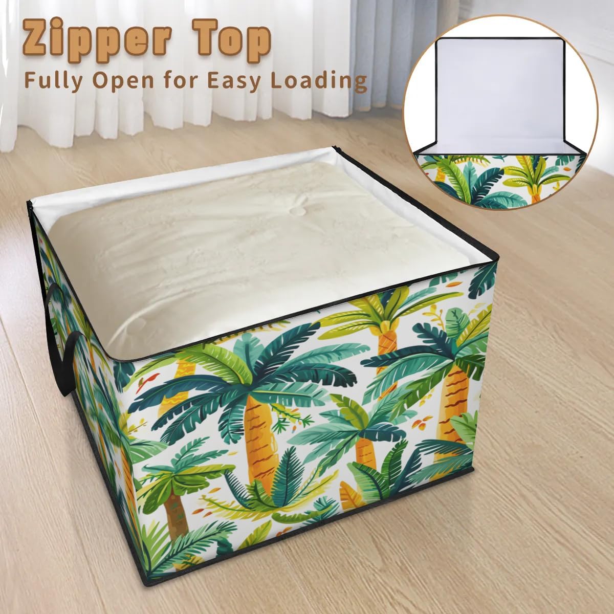 Honeybaby 214L Extra Large Comforter Storage Bag Coconut Tree Tropical Storage Totes with Lids Waterproof Closet Organizer Folding Blanket Storage Bags for Clothes Bedding Pillows