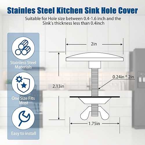 Vista 28 de LEIFIDE 2 piezas de 2 pulgadas para fregadero de cocina de 2 pulgadas, cubierta de orificio de grifo de acero inoxidable para fregadero de cocina