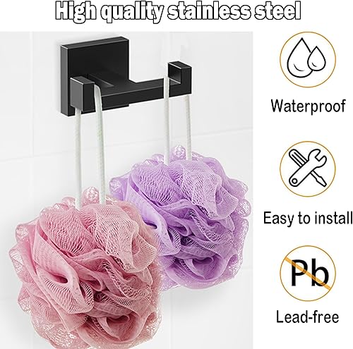 Miniatura 3 de BOZWELL Ganchos dobles para toallas para baño, montaje en pared negro mate, estilo cuadrado simple y moderno, gancho para bata y abrigo, colgador de