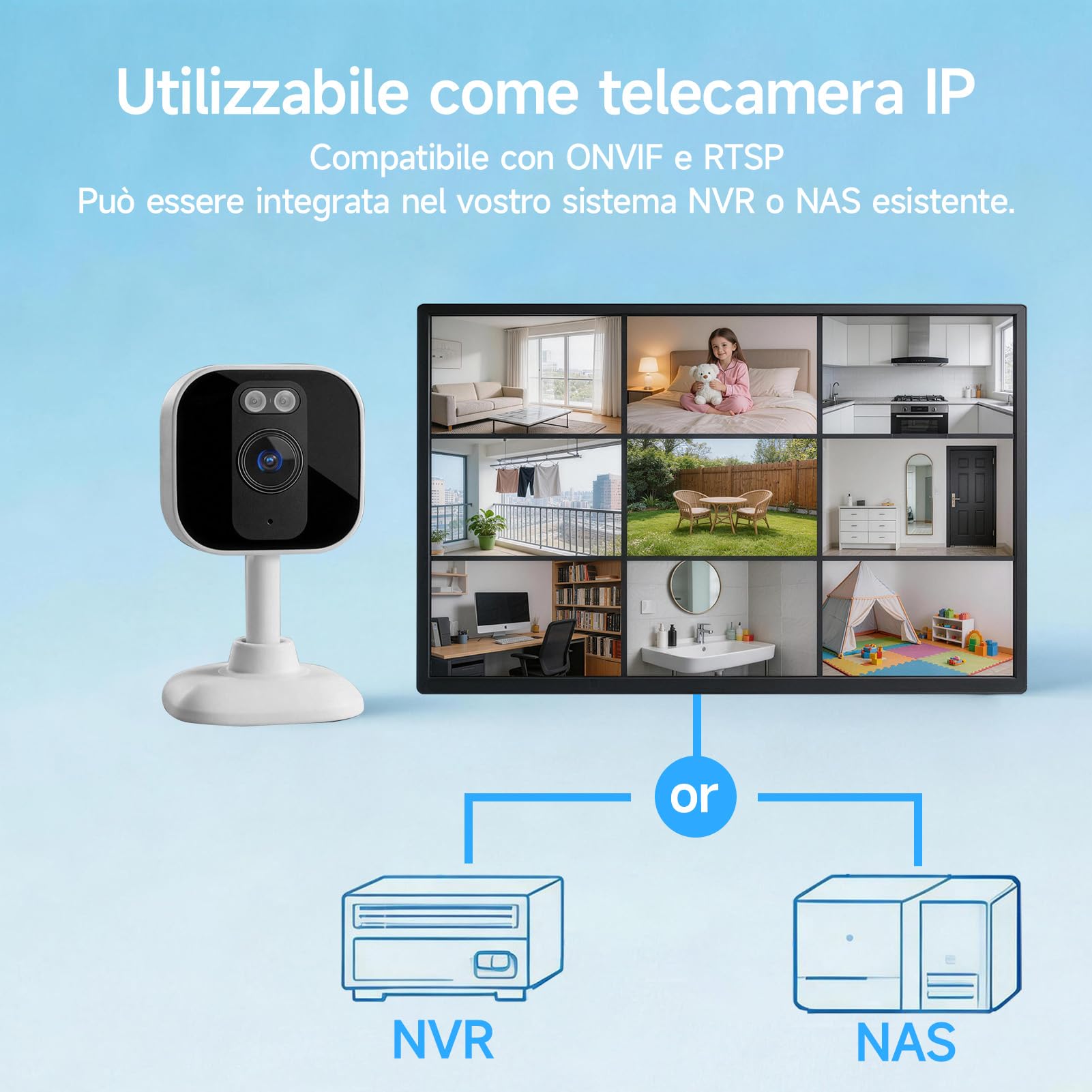 fanxiang 3 MP 2 K HD, telecamera di sorveglianza WiFi e Bluetooth, per telefono cellulare, telecamera di sorveglianza interna con visione notturna a colori, registrazione 24/7, sensore di movimento