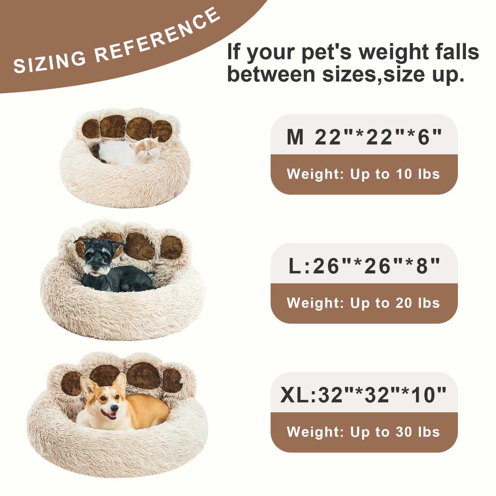 Jiupety Lit pour Chat de Forme de la Patte, Panier Chat Moelleux en Forme de Beignet, Moyen Format Le diamètre est de 56 cm, Confortable et Doux, Lavable en Machine Dog Cat Bed, Camel