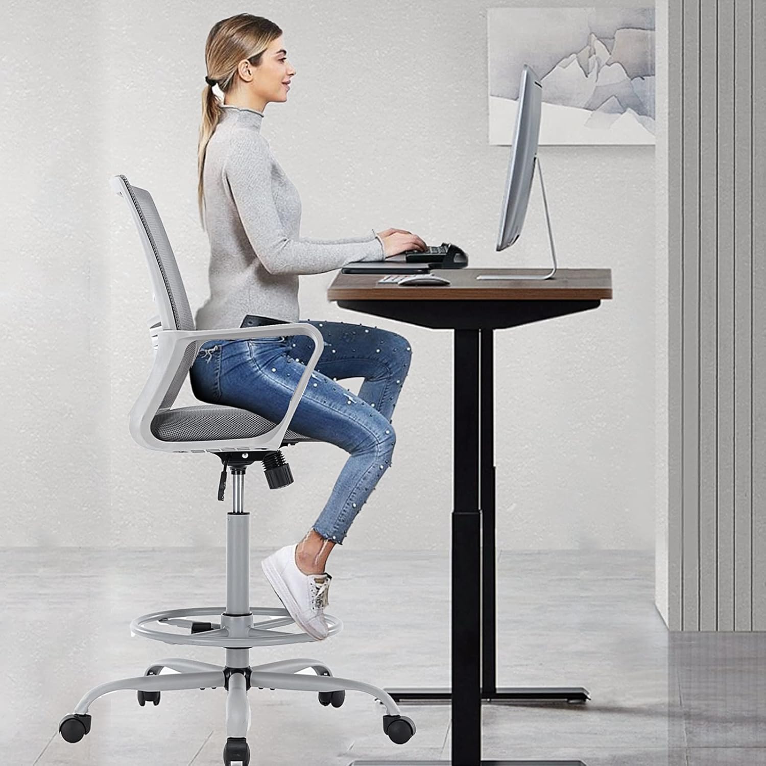 Tall Drafting Chair, Home Office Computer Standing Desk Chair with Adjustable Foot Ring and Breathable Mesh, Ergonomic Lumbar Support Armrest, Comfortable Padded Seat Cushion, Grey : Office Products