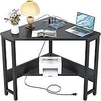 Armocity Corner Desk with Outlets & USB Ports: Small Triangle Computer Desk for Home Office, Bedroom - Black, Storage Shelf