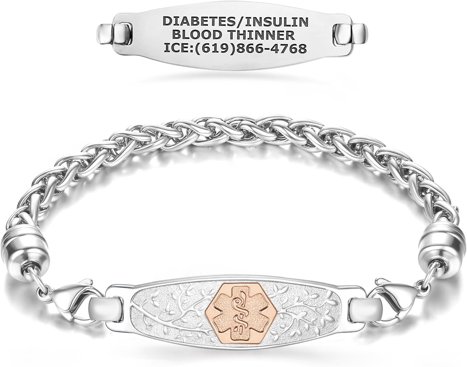 Divoti Medical Alert ID Olive Stretch Bracelet for Women | Customizable Engraving Alert ID Bracelet, Heavy-Duty Stainless Steel | Lobster Claw Wheat Chain | Emergency Medical Condition ID