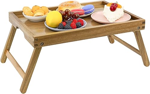 Miniatura 2 de VaeFae Bandeja de mesa de cama de acacia, bandeja de desayuno de madera con patas plegables, bandeja de cama para comer y laptop, bandejas de