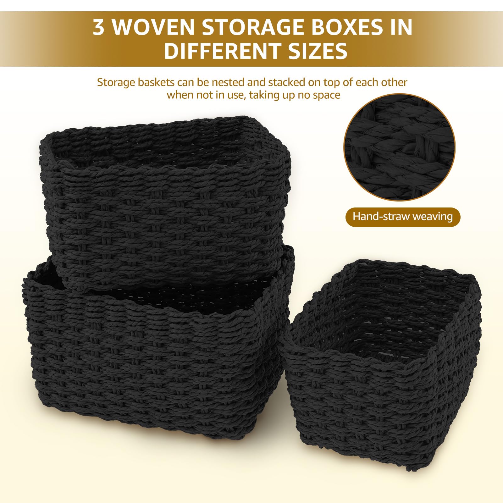 Set of 3 Storage Baskets for Organizing Grass Woven Desktop Basket Decorative Woven Baskets Multifunctional Toy Basket Cosmetics Display Hampers for Nursery Living Room Laundry Room Bedroom(black) - Image 3