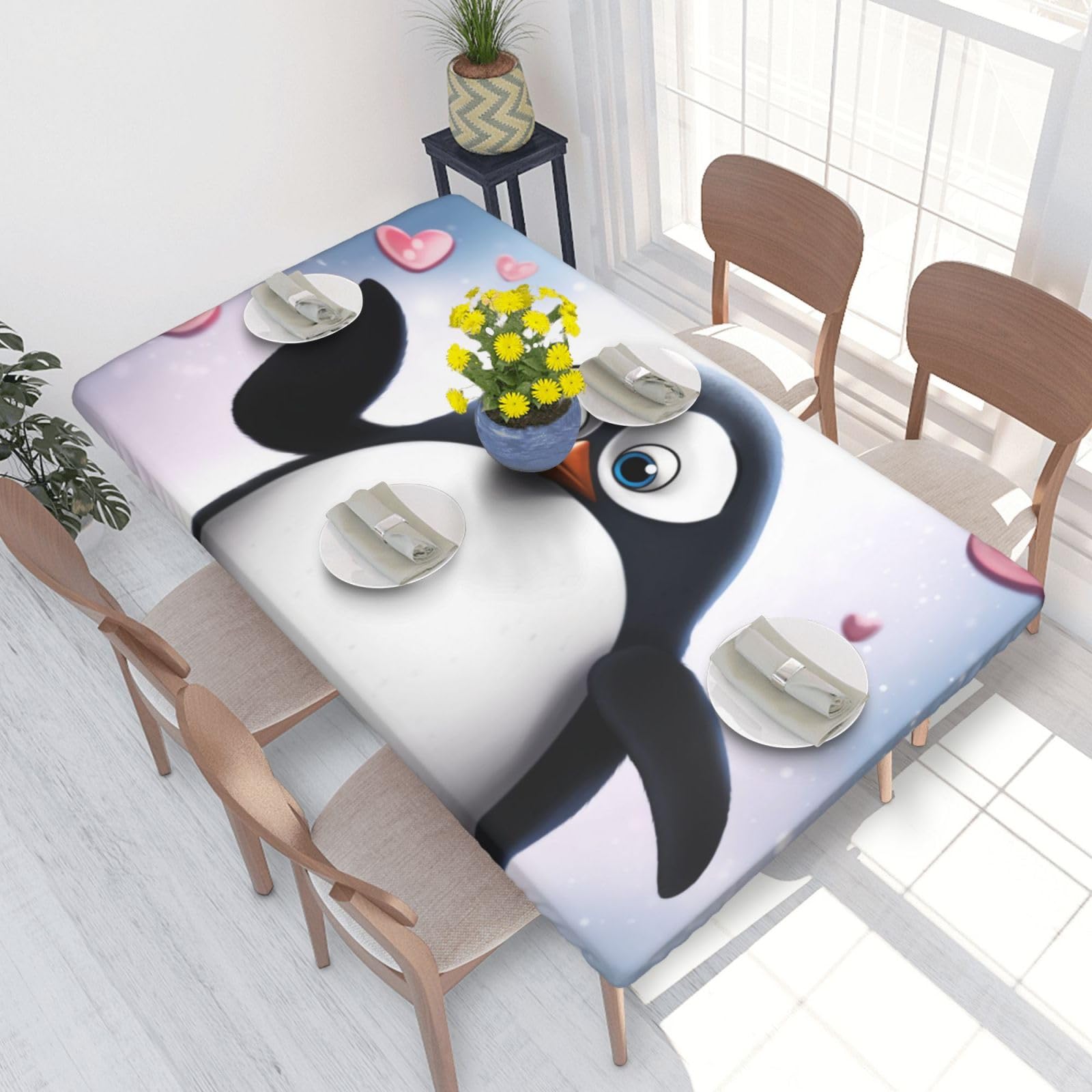 DCARSETCV Cute Penguins Printed 4FT Waterproof Tablecloth with Elastic Edged Protect & Decor Your Table, Oil-proof Washable Table Cloth Cover for Dinner Picnic Party