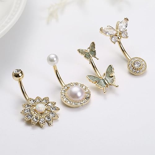 Miniatura 6 de Dochais 8 piercings para ombligo de acero quirúrgico para mujer, de acero inoxidable, ópalo, perla brillante, circonita cúbica, joyería de piercing