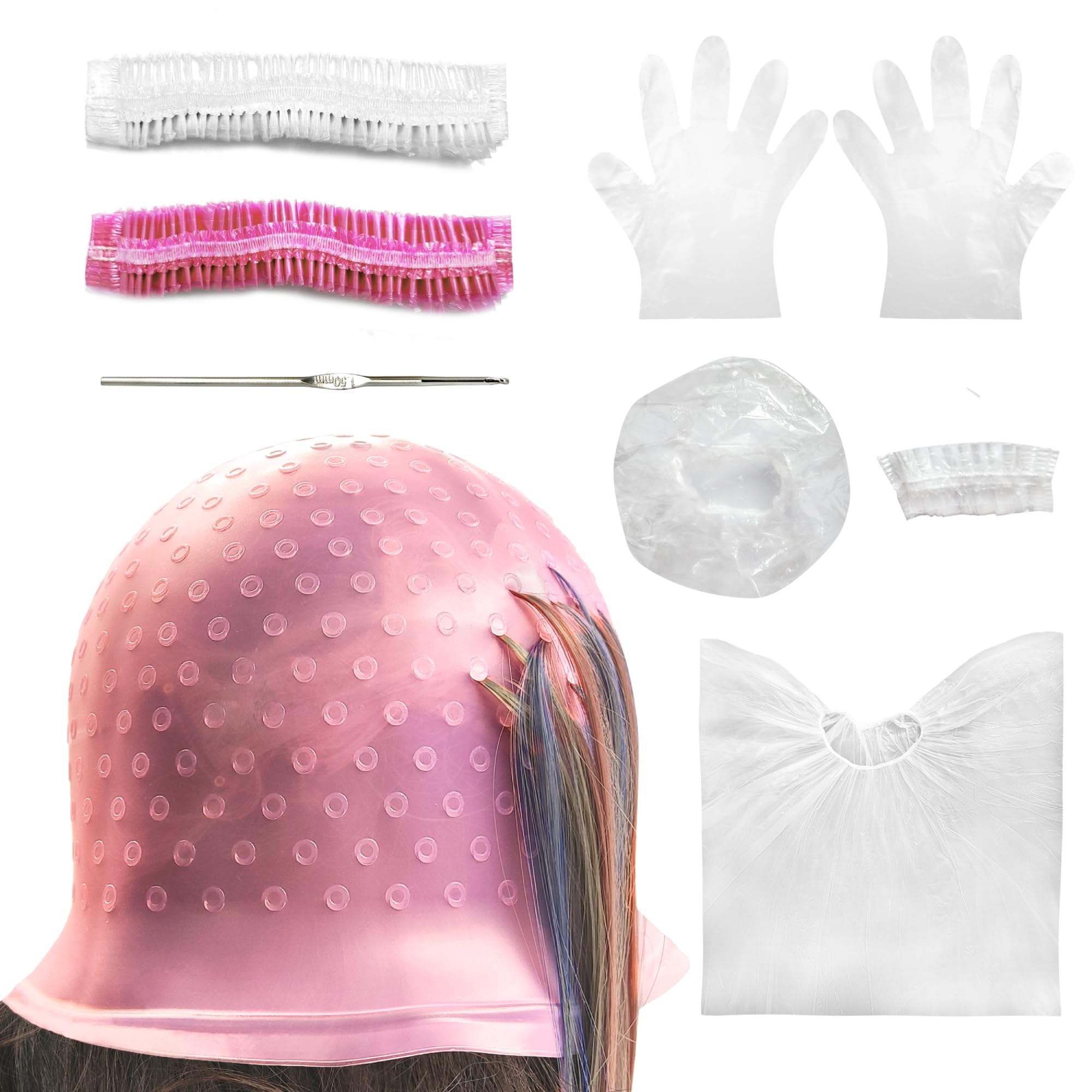 9 Pcs Highlight Cap Kit, Silicone Highlighting Cap Hair Dye Cap with Holes Reusable Highlighting Cap with Hook for Home Salon Professional Hairdressing Dyeing Staining Tools Set for Women Men