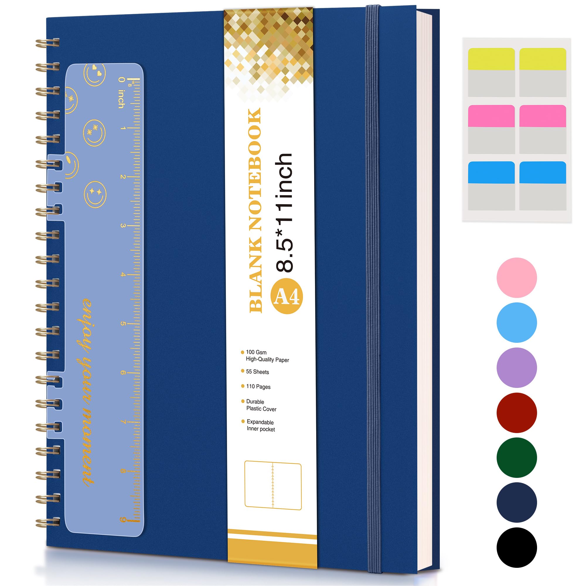 Blank Notebook, Spiral Notebook Journal 8.5” x 11”, A4 Large Blank Notebooks for Women Men, 100 GSM Paper, Plastic Hardcover Spiral Blank Journals for Writing Work School Sketching Business, Navy