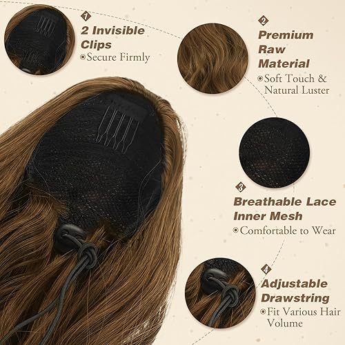 Miniatura 4 de BARSDAR Extensión de cola de caballo de 26 pulgadas, extensiones de cabello ondulado con cordón, extensiones de cabello sintético marrón con clip,