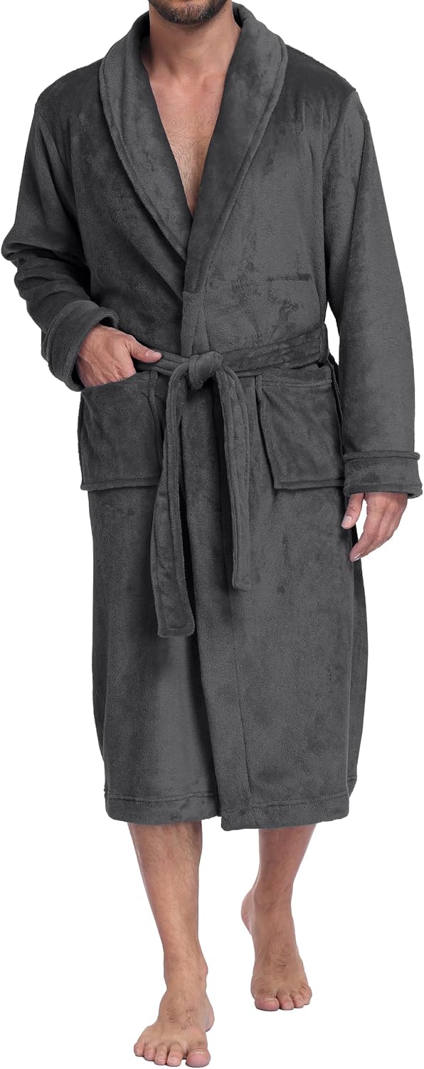 Mens Robe Plush Fleece Soft Warm Long Fluffy Bathrobe