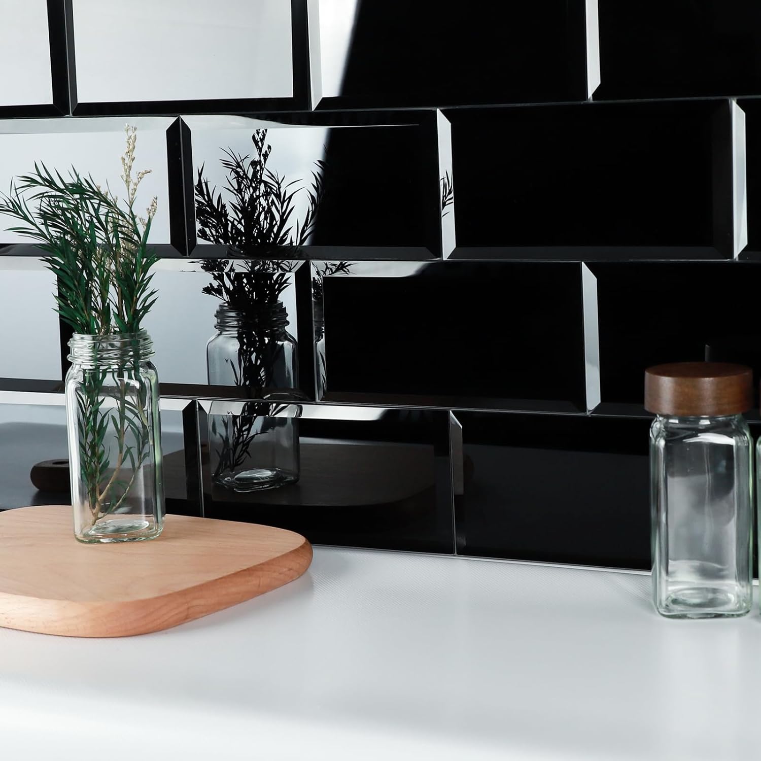 3" x 6" Beveled Glass Mirror Tiles Black Peel and Stick Backsplash, Self Adhesive Subway Decorative Wall Tile for Kitchen Bathroom (40pcs)