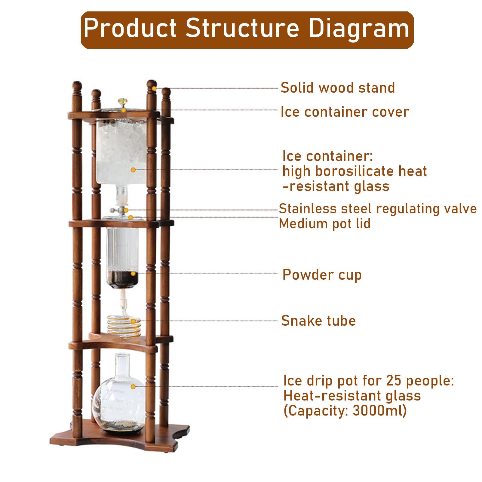 Macchina per caffè Freddo Cold Brew Dripper Pot Cold-Dripper Coffee Tower Macchina per caffè Freddo in Legno Vetro 3000 ml Marrone