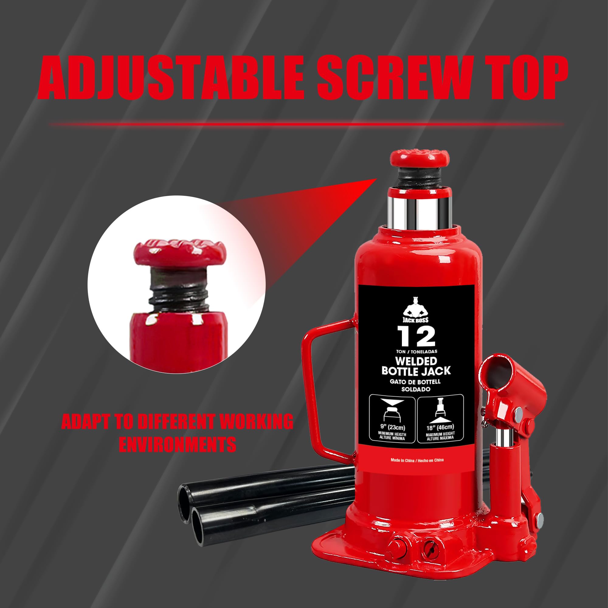 JACK BOSS Cric bouteille hydraulique de 12 tonnes (12 kg) pour réparation de camion et élévateur domestique, rouge