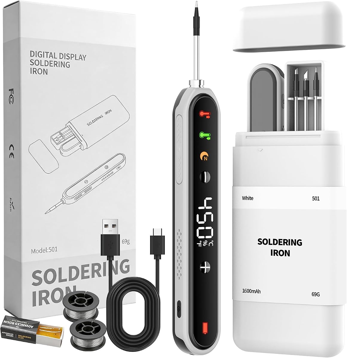 Kit de soldador inalámbrico, calentamiento rápido 8S, carga tipo C, temperatura ajustable 180 ~ 450 ℃, 3 puntas reemplazables, bolígrafo de soldadura inalámbrico portátil de 1600 mAh para reparación electrónica y proyectos de bricolaje, color blanco