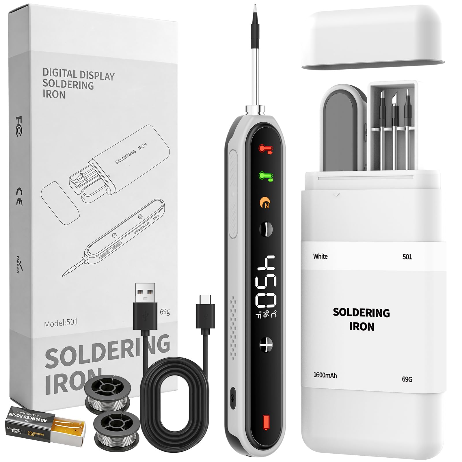 Photo 1 of Cordless Soldering Iron Kit, 8S Fast Heating, Type-C Charging, Adjustable Temp 180~450?, 3 Replaceable Tips, 1600mAh Portable Wireless Soldering Pen for Electronics Repair and DIY Projects-White
