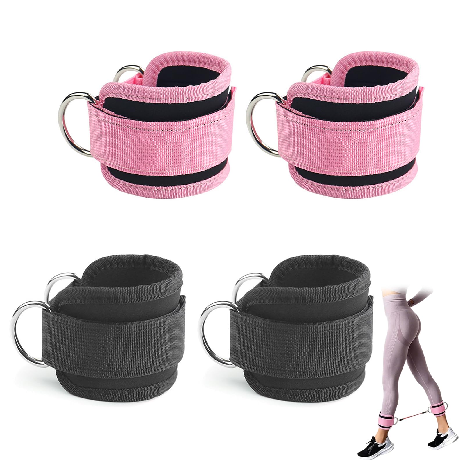 CocCCoon 4 Pcs Ankle Straps for Cable Machines with Double Steel D-Ring, Cable Kickback Ankle Strap Gym Ankles Strap Cables Attachment, Leg Straps Gym for Cables Machine Strength Training(Black Pink)
