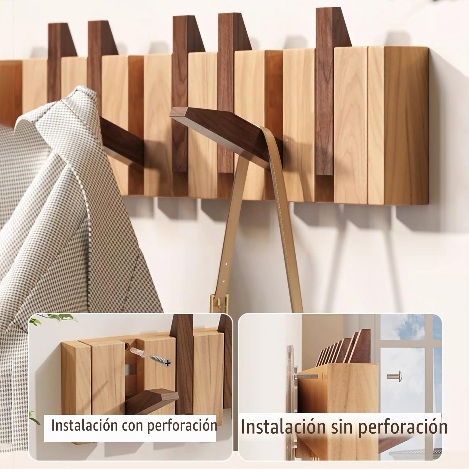 Perchero Pared Haya Ganchos Abatibles Piano, Compacto Multiuso para Abrigos | Ahorro de Espacio, Diseño Decorativo, para Entrada, Dormitorio, Baño, Armario Doméstico, para Abrigos(Brown,8 hooks)