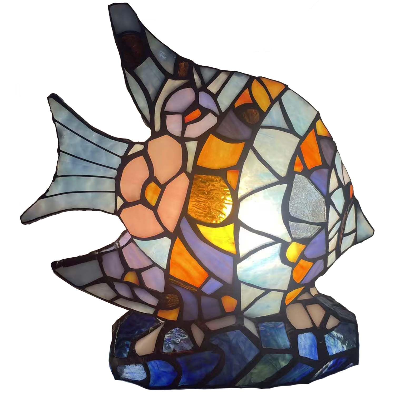 Bieye L53010 Tiffany Style Stained Glass Fish Accent Table Lamp for Home Décor (Blue Angelfish)