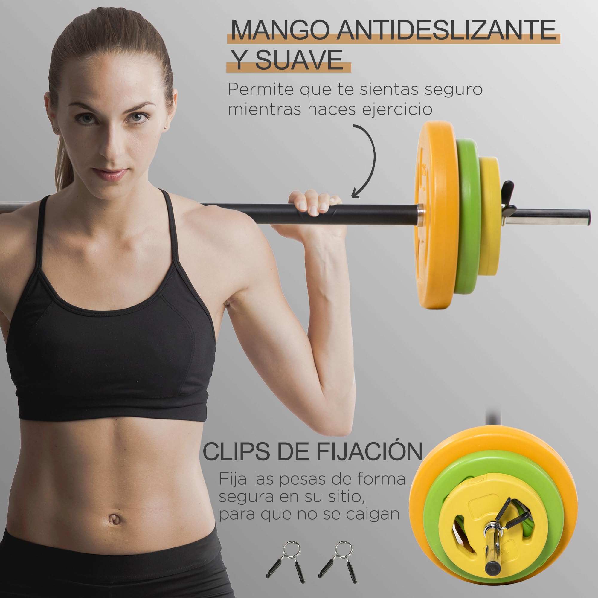 HOMCOM Barra de Pesas 20 kg Pesas Ajustables con 6 Discos de Pesos 1,5kg 2,5kg 5 kg para Entrenamiento Fuerza y Brazos en Gimnasio Doméstico 130x28x28 cm Multicolor