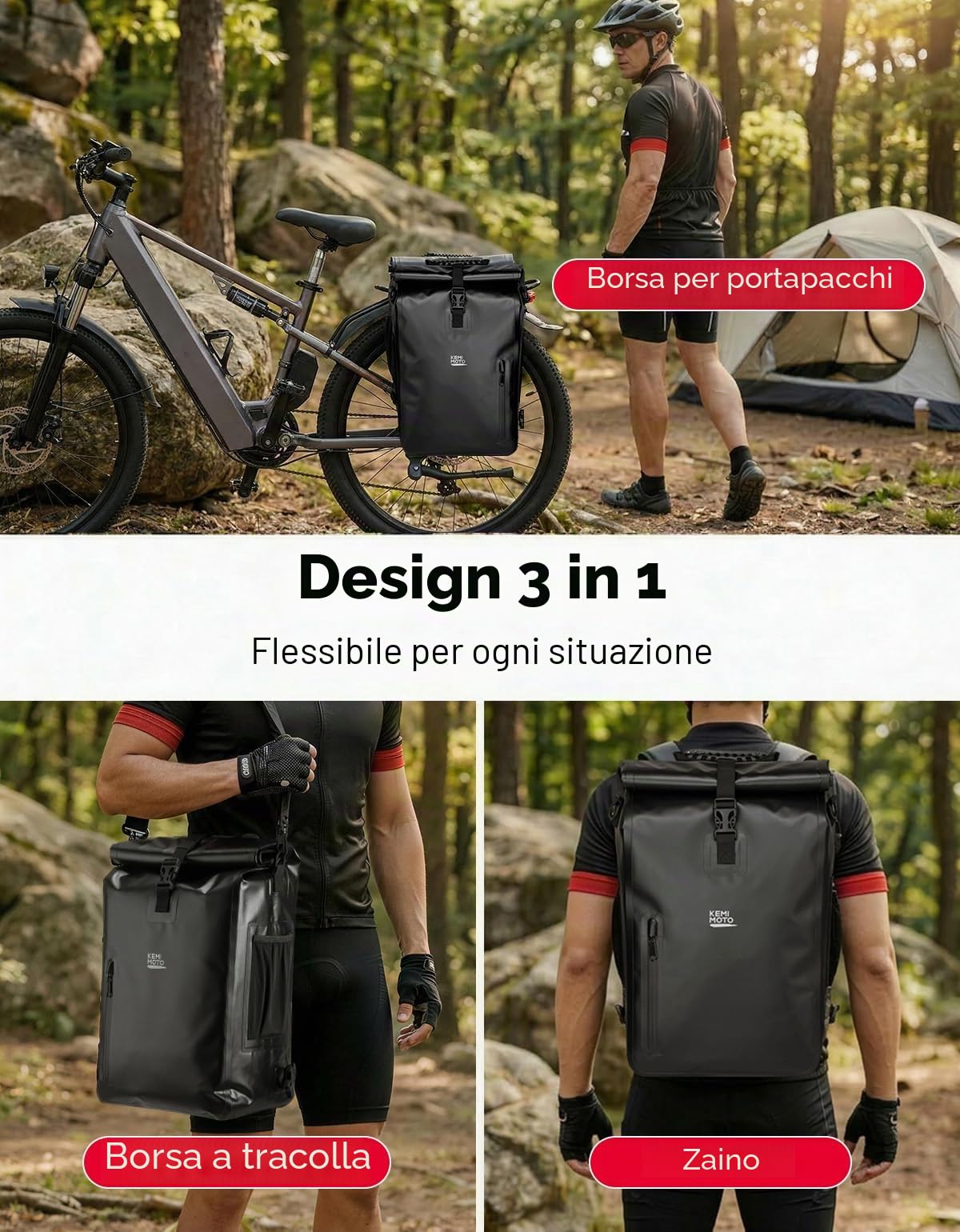 KEMIMOTO Borsa da Bicicletta Impermeabile 27 L, Borsa da Portapacchi Posteriore con Scomparto per Laptop, Zaino 3 in 1 Multifunzionale, Utilizzabile come Zaino, Borsa a Tracolla o con Maniglia