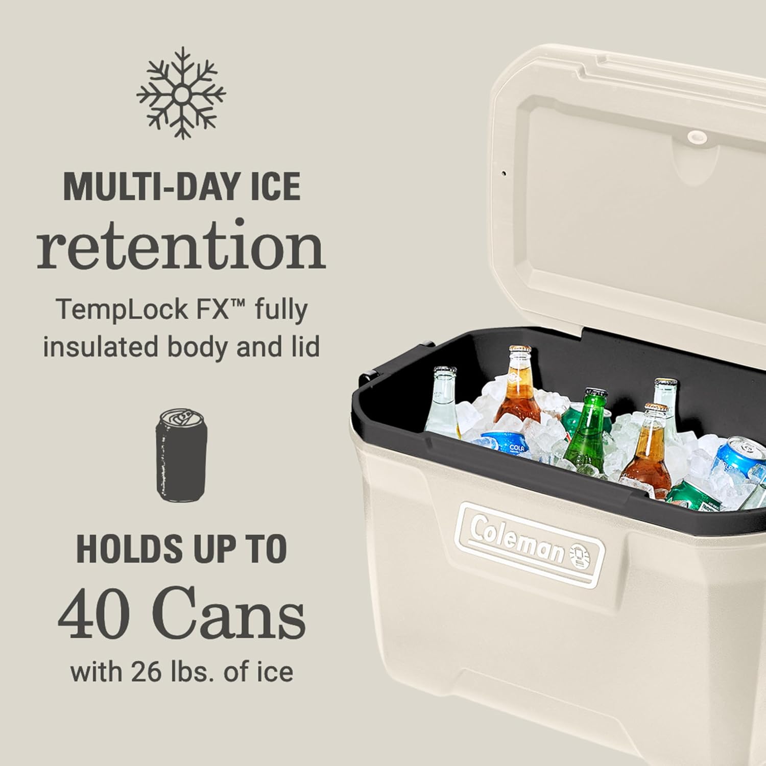 Coleman Classic Series Insulated Portable Cooler, Leak-Resistant Outdoor Hard Cooler Keeps Ice up to 5 Days, 52 Quart, Desert Sand