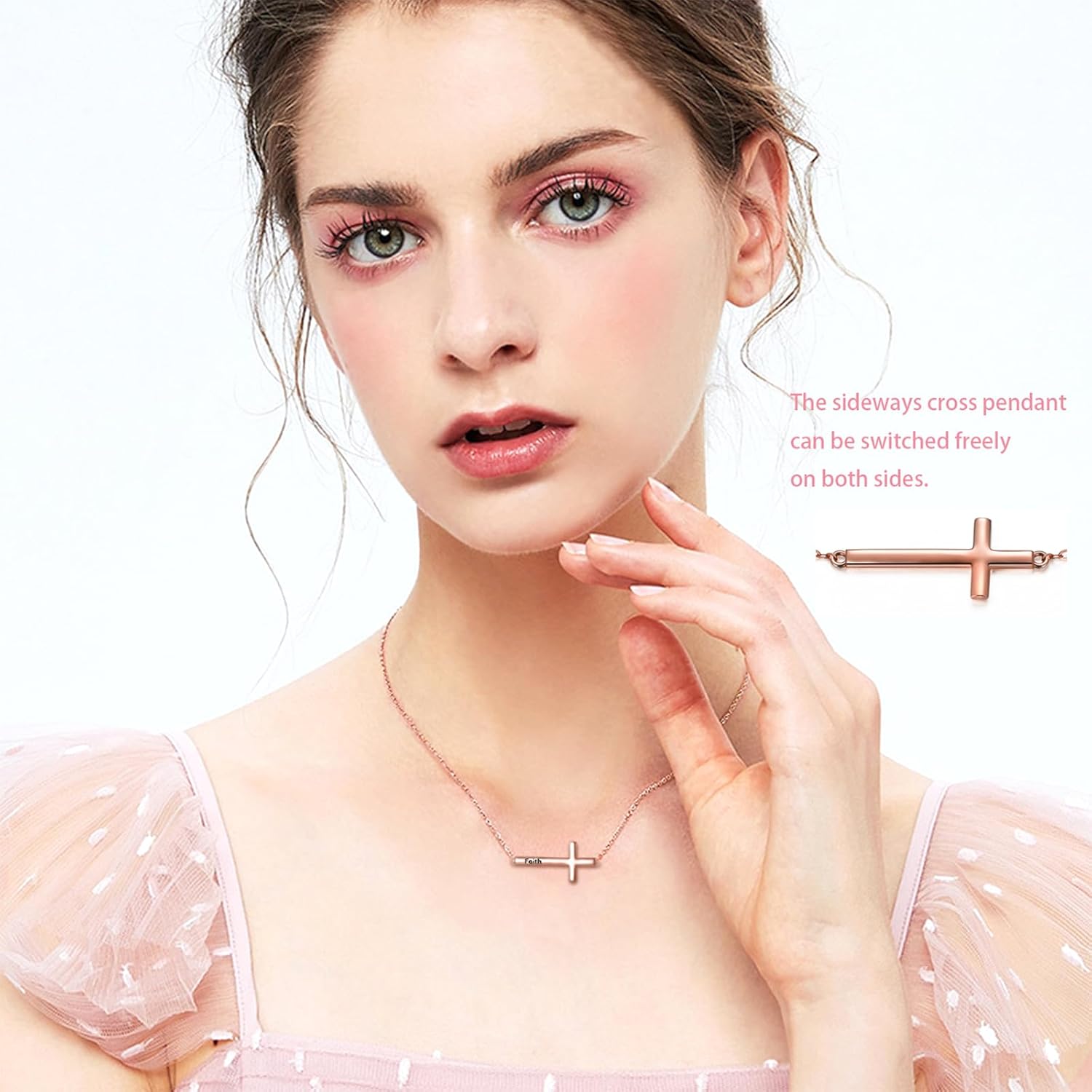 SISGEM 14K Gold Sideways Cross Necklace for Women, Dainty Yellow Gold Engraved Faith Sideways Cross Choker Pendant Adjustable Jewelry for Her, 14"-17" - Image 4