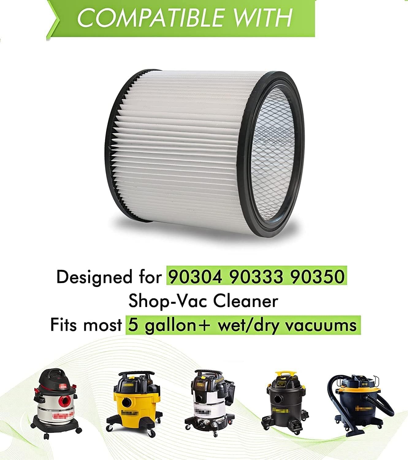 Filtro de repuesto para filtros Shop Vac 90304 90585, 90107, 90350, 90333, filtro de aspiradora en seco y húmedo, se adapta a la mayoría de aspiradoras húmedas/secas de 5 galones en adelante, bolsa de
