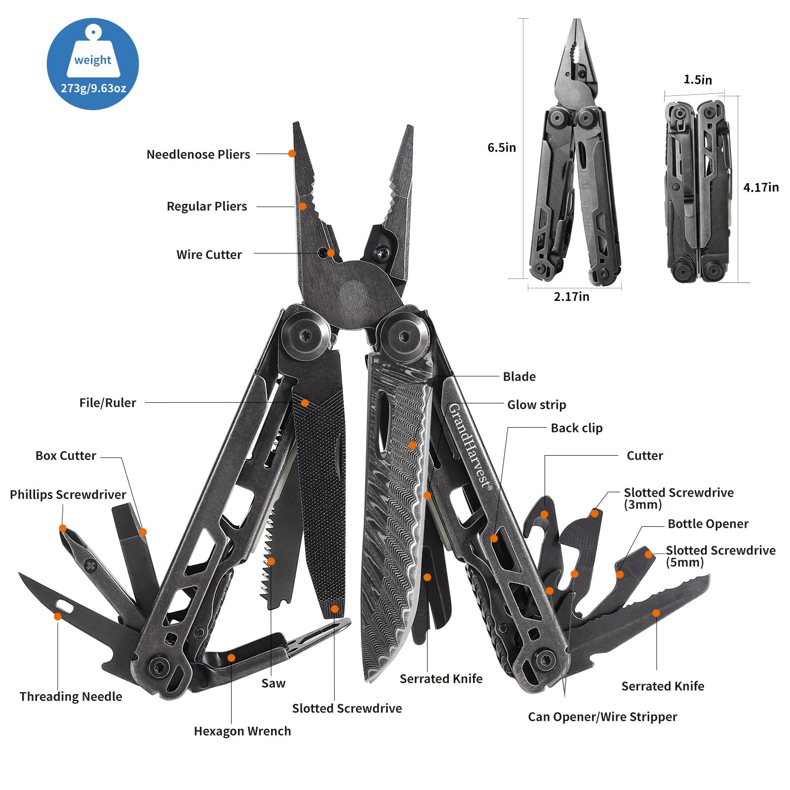 Multitool, 25-in-1 Spring Loaded Pliers Multi Tool, Each Tools with Safety Lock-Stainless Steel Multi-Tool, Propylene Sheath, Survival Gear for Camping, Hiking, Multi Plier, Pocket Knife