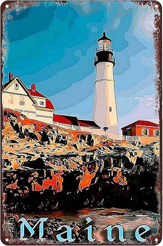 Cartel de metal retro de hojalata – Maine, Lighthouse United States Vintage Travel Ad Poster – Póster decorativo de pared para el hogar, bar, pub,