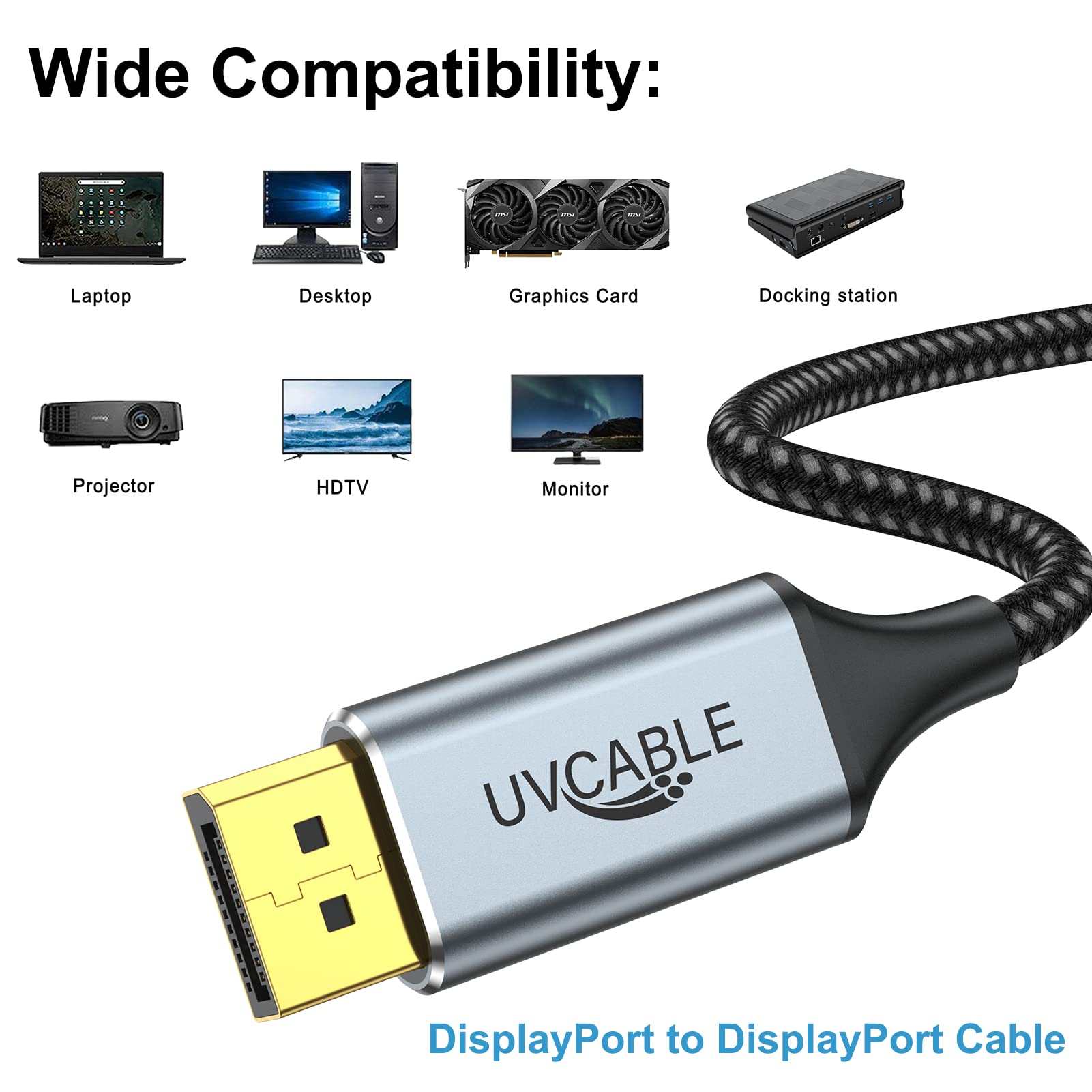 Cavo DisplayPort da 1,8 m, confezione da 10 cavi DP 2K a 165 Hz, 144 Hz, 4 K a 60 Hz, cavo per display ad alta velocità placcato oro 144 Hz, per docking station, monitor da gioco, scheda grafica, TV,