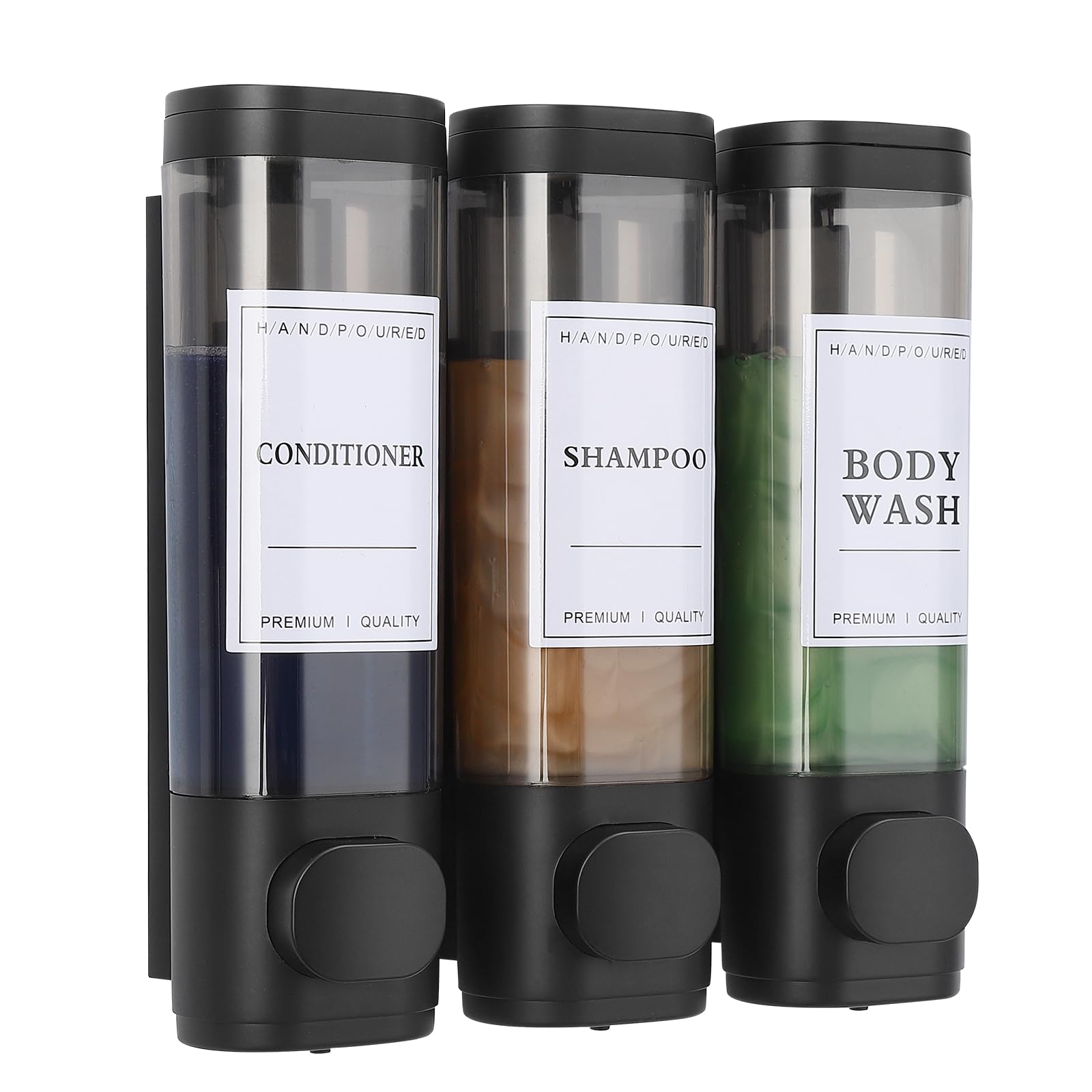 3 Chamber Wall Mounted Shampoo and Conditioner Dispenser - No Drill Shower Soap and Body Wash for Bathroom, Hotel, Kitchen - 3 * 300ML, Black