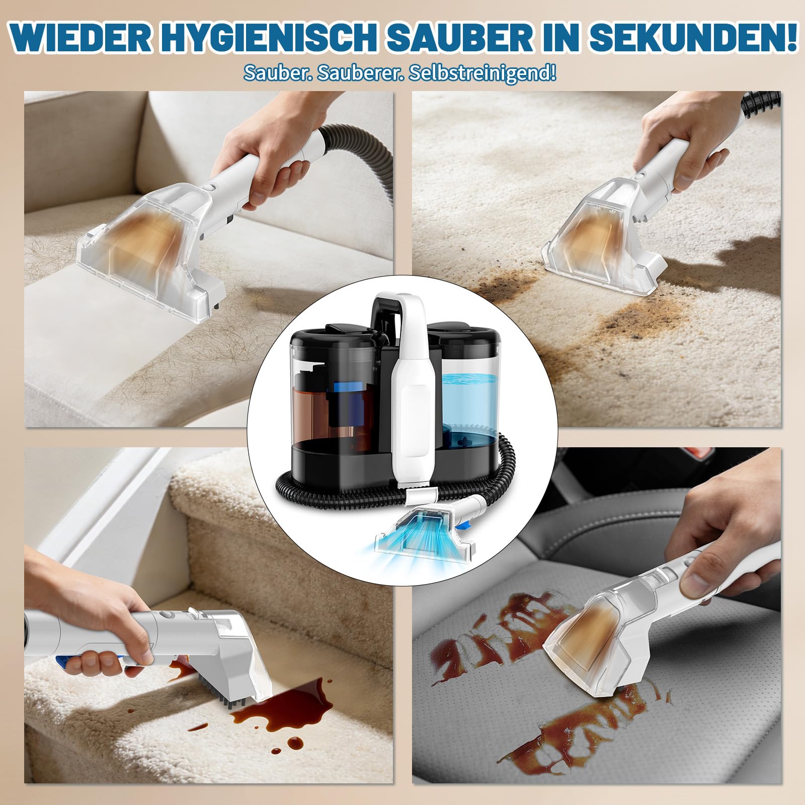 Polsterreiniger Gerät, 600W 17kPa Teppichreiniger Waschsauger, Nassauger mit Reinigungsmittel, Kompakter Teppichreiniger und Textilreiniger – Waschsauger für Teppich, Polster Autositze & Sofa