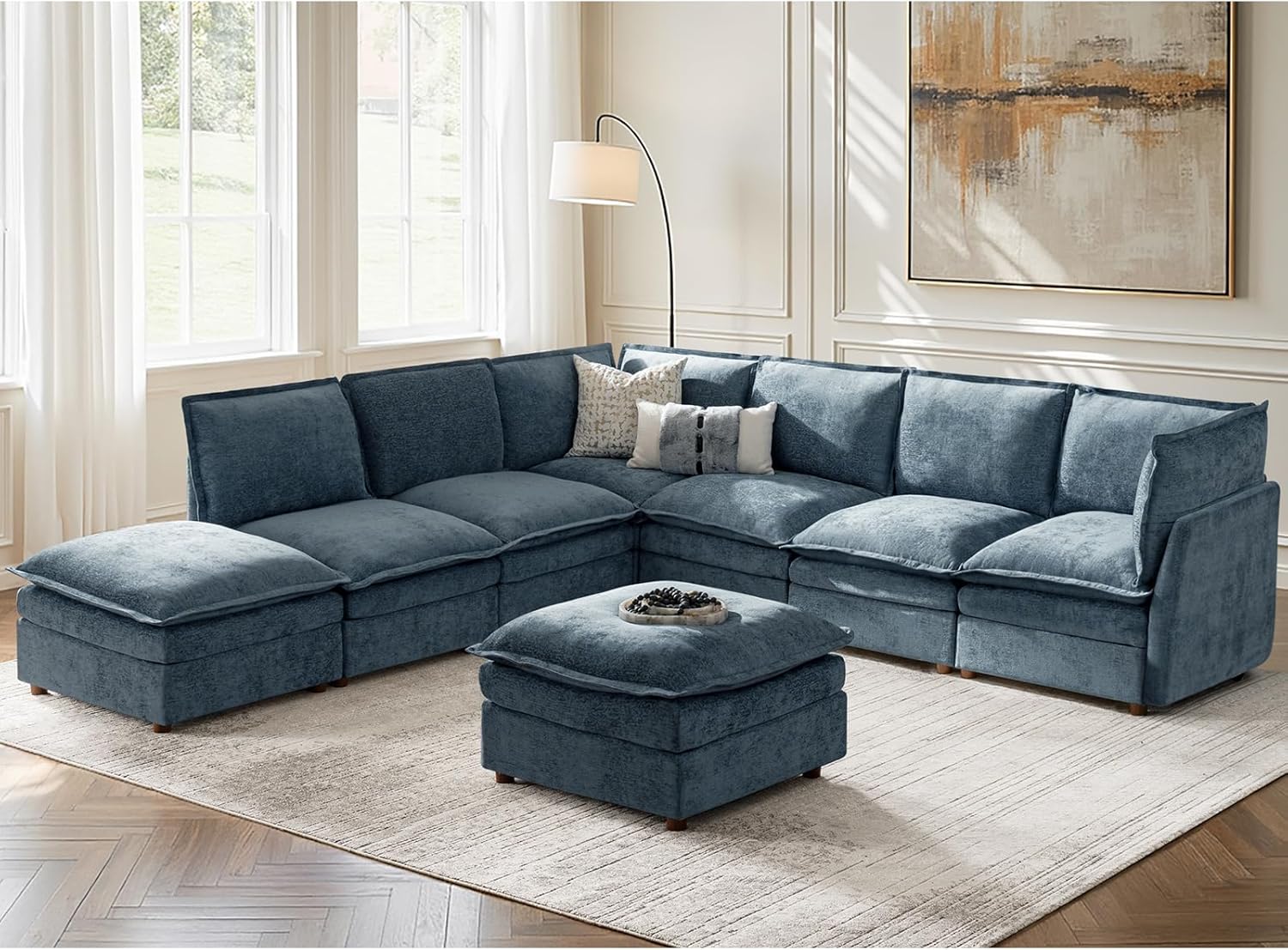 HULALA HOME Oversized Modular Sectional Sofa with Dual-Layered Cushions, 8 Seater Sleeper Sofa with Storage Ottoman and Removable Cover, Modern Deep Seat Cloud Couch for Living Room, Blue