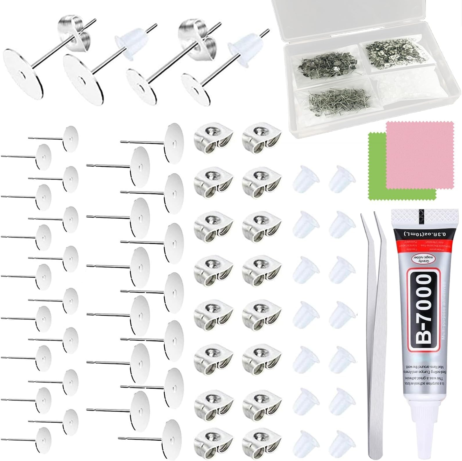 665Pcs Hypoallergenic Stainless Steel Earring Posts & Backs Set with Jewelry Glue and Tweezers, Bulk DIY Stud Earring Making Kit with Rubber Butterfly Clutch Backs for Jewelry Repair and Crafts